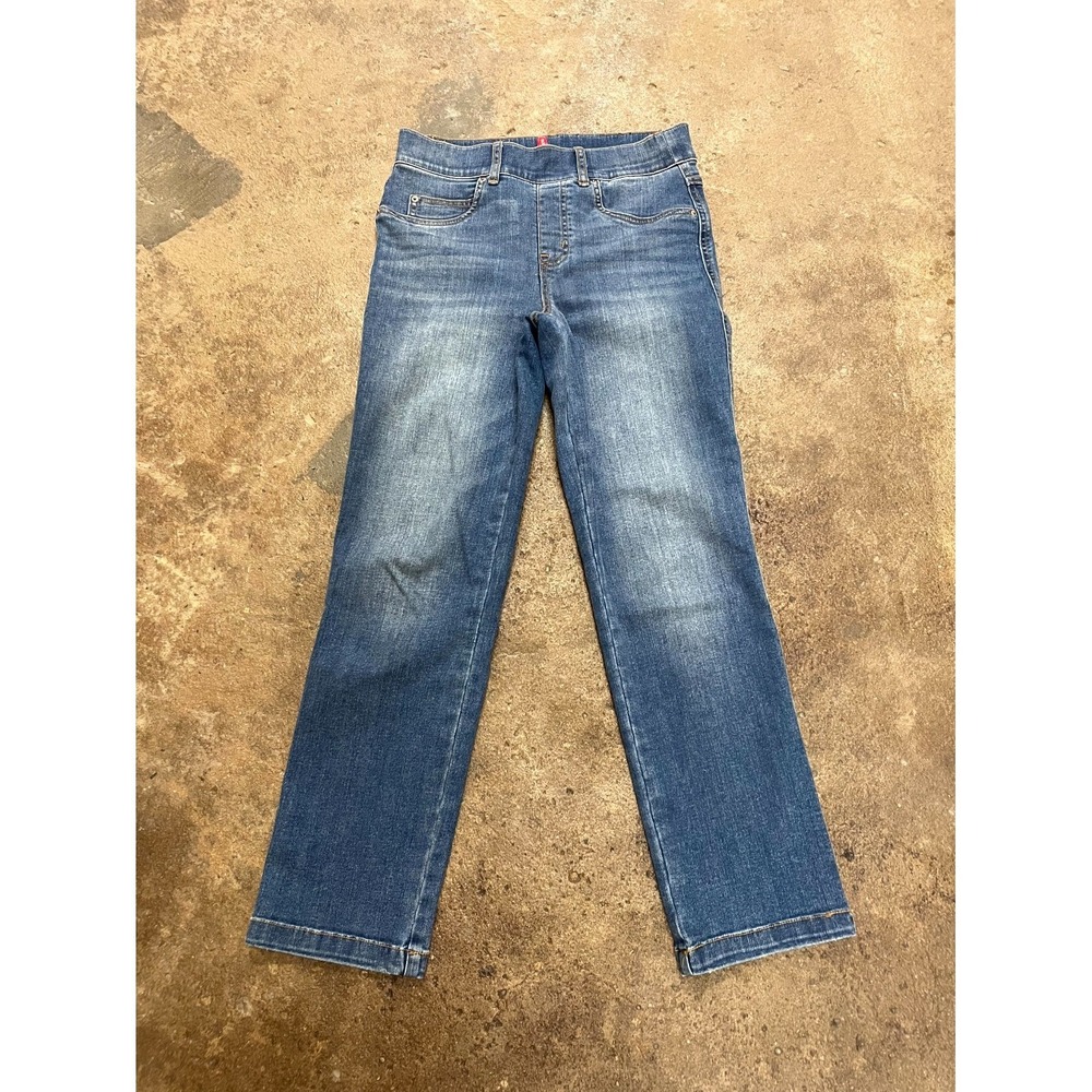 Spanx Jeans Womens Small Blue Denim Cotton Stretch Pull on Mid Rise Straight Leg - Picture 1 of 16